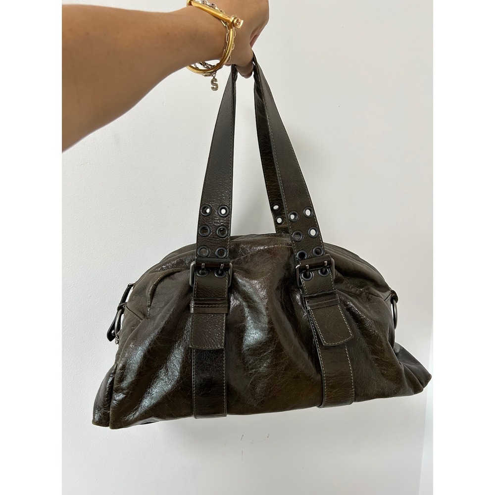 Y2K Francesco Biasia Distressed Leather Satchel Bag Olive Green Grunge